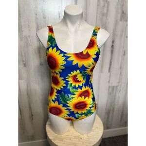 Sunflower One-Piece Swimsuit Size S Blue Yellow Floral Open Back Tie